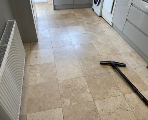 Travertine kitchen floor deep cleaning, honing, repairing and sealing in Redditch, Worcestershire, before