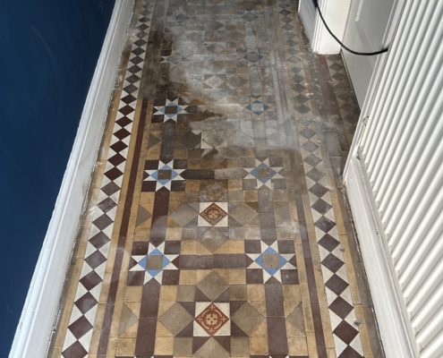 Victorian hall floor, cleaned, stripped and sealed in Northwich, Cheshire, before1