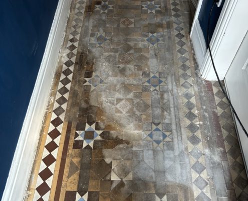 Victorian hall floor, cleaned, stripped and sealed in Northwich, Cheshire, before2