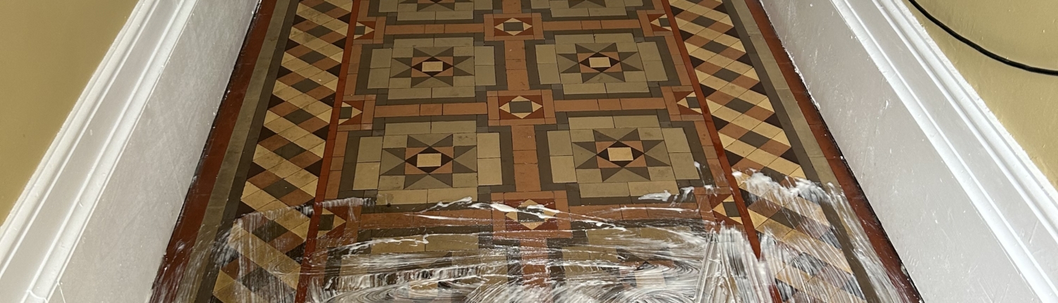 Victorian Minton floor hall, deep cleaned and matte sealed in Macclesfield, Cheshire, before