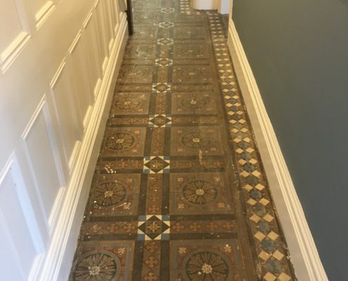 Victorian/Minton hall floor deep cleaning , stripping and sealing in Macclesfield Cheshire, before