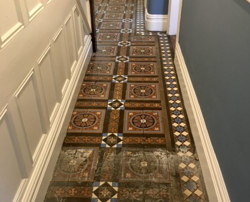 Victorian/Minton hall floor deep cleaning , stripping and sealing in Macclesfield Cheshire, during